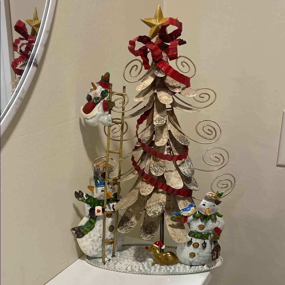 Vintage Metal Large Christmas Tree, Snowmen, Winter Scape Festive Holiday Decor